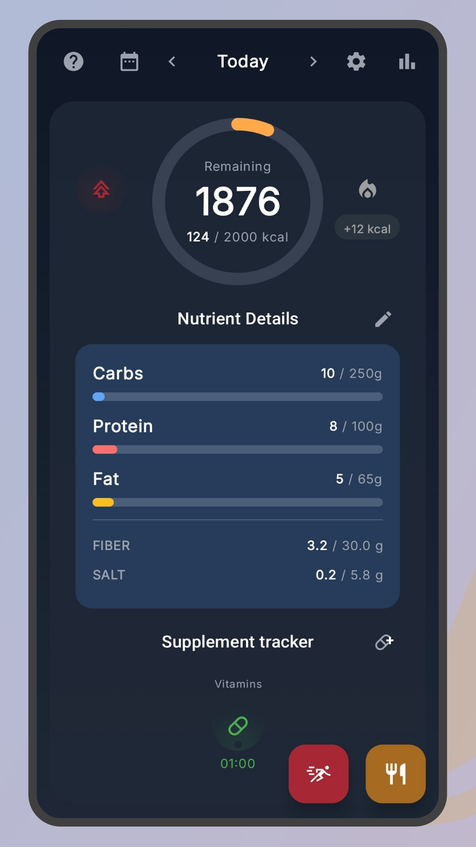 Advanced calorie tracker including TEF bonus, fiber and salt intake